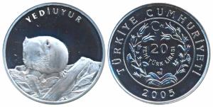 Turkey, Silver 20 Yeni Lira, 23.33g, 2005, Hazel Dormouse, Turkish Wildlife Series (KM 117