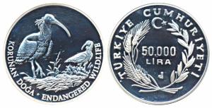 Turkey, Silver 50000 Lira, 38.47g, 1994, Endangered Wildlife, Bald Ibis (KM 1030). Proof.
