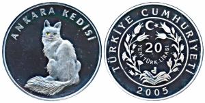 Turkey, Silver 20 Yeni Lira, 23.33g, 2005, Turkish Wildlife Series, obv. Value within spri