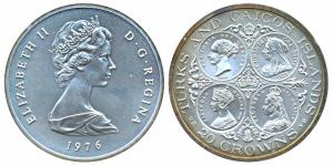 Turks and Caicos, Queen Victoria, Silver 20 Crown, 38.7g, 1976, obv. Young bust of Queen E