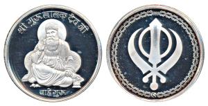Sikh, Guru Nanak, Silver 100g, obv. Guru Nanak seated with Vahe Guru inscribed below; rev.