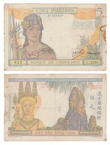 A collection of Currency notes featuring the Buddha, French Indo-China, 5 Piastres, rev. f