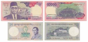 A collection of Currency notes featuring the Buddha, Indonesia, 10000 Rupiah. The Borobudu