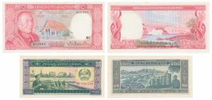 A collection of Currency notes featuring the Buddha, Laos, 100 and 500 Kip. obv. That Luan