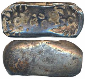 Archaic Punch Marked Coinage, attributed to Gandhara Janapada, Bent Bar, Silver 5 Shana, 1