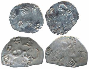 Punch-marked Coinage, attributed to Magadha Janapada, Silver Karshapana (2), 3.72g & 3.14g