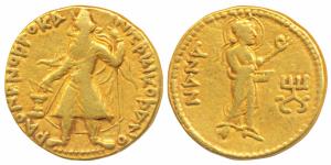 Kushans, Kanishka (127-152 AD), Gold Dinar, 7.85g, obv. king standing facing left wearing 