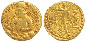 Kushans, Huvishka (155-190 AD), Gold Dinar, 7.82g, obv. crowned and draped half-length bus