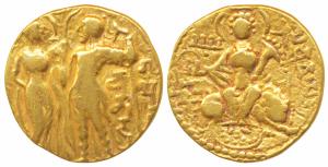Guptas, Samudragupta, Gold Dinar, 7.49g, ’King and Queen’ type, issued in memory of his pa