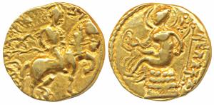 Guptas, Chandragupta II (c 380-413 AD), Gold Dinar, 7.64g, ’Horseman’ type, obv. king nimb