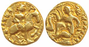 Guptas, Kumaragupta (c. 414-455 AD), Gold Dinar, 8.20g ’Horseman’ type, obv. king nimbate,