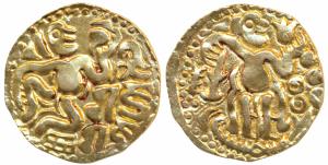 Imperial Cholas, Raja Raja I, Base Gold Kahavanu, 4.38g, obv. king reclining on a mat, rig