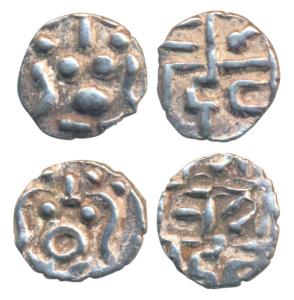 Kalachuris of Ratnapur, Ratna Deva II or III, Silver Mashakas (2), obv. Hanuman (3/8), rev