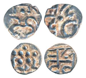 Kalachuris of Ratnapur, Ratnadeva II or III, Silver Mashakas (2), obv. Hanuman (3/8), rev.