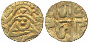 Kalachuris of Tripuri, Gangeya Deva, Base Gold 4 ½ Masha, 3.73g, obv. Goddess Lakshmi seat