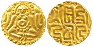 Kalachuris of Tripuri, Gangeya Deva, Gold 4 ½ Masha, 4g, obv. Goddess Lakshmi seated weari