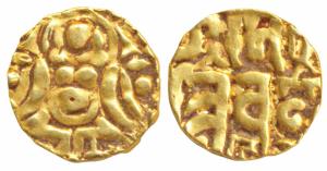 Chandellas of Jejakabhukti, Kirtti Varman (1060-1100 AD), Gold Masha, 1g, obv. seated Laks