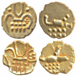 Vira Raya type, Gold Fanam (2), obv. stylized lion standing right with crescent above; rev