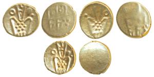 Marathas, Tanjavore, Gold Fanam (2), obv. degenerate Kali, rev. Ranga rau legend in two li
