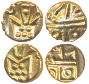 Marathas, Tanjavore, Gold Fanam (2), obv. degenerate Kali, rev. Ranga rau legend in two li