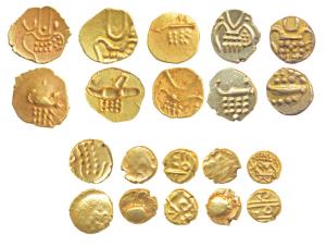 Assorted Lot, Gold Fanam (10), total weight 3.73g, Coorg, Vira raya type and Uniface Kali 