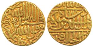 Akbar, Gold Mohur, 10.80g, Dar ul Khilafat Agra Mint, AH 978, Kalmia type (KM 106.1). Abou