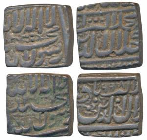 Akbar, Silver Square Rupee (2), Ahmedabad Mint, Kalima type, AH 998 &1000 (KM 82.1). Very 