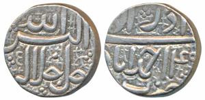 Akbar, Silver Rupee, Ahmedabad Mint, Ilahi type, Month Azar, Year 4X (KM 93.2). Extremely 
