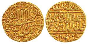 Akbar, Gold Token, 10.6g, stylization that of a Mohur, Kalima type, traces of Urdu Zafar Q