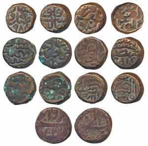 Copper Dam (7), Akbar, Malpur Mint AH 985; Dogaon Mint, AH 985; Narnol Mint, AH 979; Akbar