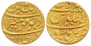 Aurangzeb, Gold Mohur, 11g, Burhanpur Mint, RY 1x, complete mint name at bottom on rev. (K