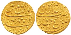 Aurangzeb, Gold Mohur, 10.86g, Dar-ul-Khilafat Shahjahanabad Mint, AH 1096/28 (KM 315.42).