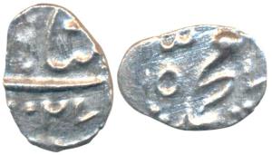 Muhammad Shah (AH 1131-1161; 1719-1748 AD), Silver 1/32 Rupee, 0.26g, Khujista Bunyad Mint