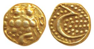 Haider Ali (AH 1174-1197; 1761-1782 AD), Gold Fanam, 0.37g, obv. Shiva and Parvati, rev. P