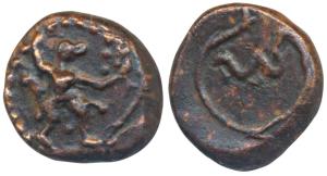 Nawabs of Arcot, Copper Cash, 2.95g, obv. Hanuman walking to right holding attributes in b