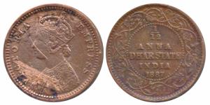 Anand Rao III (AH 1276-1316; 1860-1898 AD), Copper 1/12 Anna, Calcutta Mint, with the name