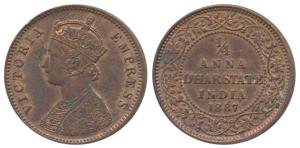 Anand Rao III, Copper ¼ Anna, Calcutta Mint, with the name and portrait of Victoria, 1887 