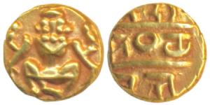 Krishna Raja Wodeyar (AH 1225-1285; 1810-1868 AD), Gold Fanam, 0.38g, obv. seated Narasimh