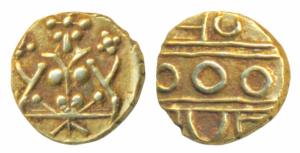 Krishna Raja Wodeyar, Gold Fanam, 0.35g, obv. Seated Narasimha, rev. Kanarese legend Kauth