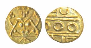 Krishna Raja Wodeyar, Gold Fanam, 0.32g, obv. Seated Narasimha, rev. Kanarese legend Kauth