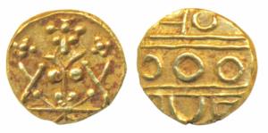 Krishna Raja Wodeyar, Gold Fanam, 0.35g, obv. Seated Narasimha, rev. Kanarese legend Kauth