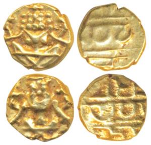 Krishna Raja Wodeyar, Gold Fanam (2), obv. seated Narasimha, rev. Kanarese legend Kanthira