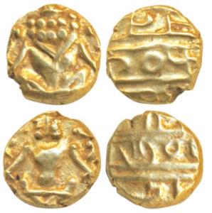 Krishna Raja Wodeyar, Gold Fanam (2), obv. seated Narasimha, rev. Kanarese legend Kanthira