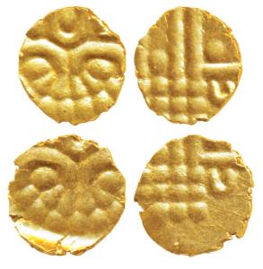 Travancore, Vira Raya type, Gold Fanam (2), obv. Stylized lion walking to right side, rev.