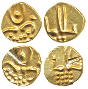 Travancore, Vira Raya type, Gold Fanam (2), obv. stylized lion walking to right (KM 29). E