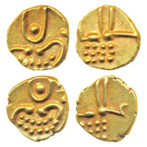 Travancore, Vira Raya type, Gold Fanam (2), obv. stylized lion walking to right (KM 29). E