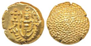Negapatnam, Gold Pagoda, 3.398g, obv. Lazy J with Lord Vishnu standing, facing front, rev.