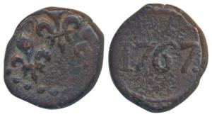 Pondicherry, Mahe issue, Copper ½ Biche, obv. 5 fleur de lis, rev. date, 1767 (KM 64). Ver