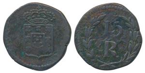 Goa, Joao (1799-1816 AD), Copper 15 Reis, 9.07g, crowned arms on obv., value within sprays