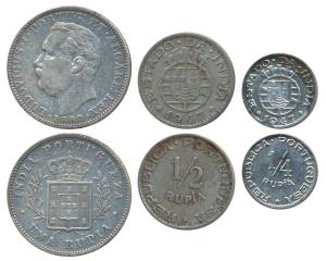 Luiz I (Ludwig), Silver Uma Rupia / Rupee, 1882; Copper Nickel ½ & ¼ Rupia, 1947, (KM 26 &